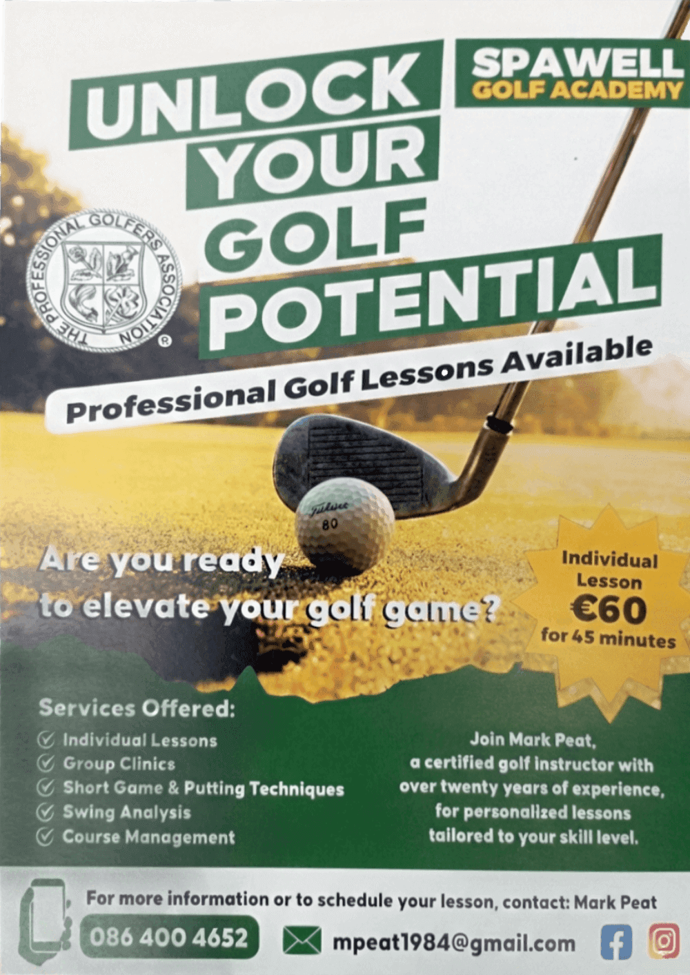 Mark Peat Golf junior camps poster